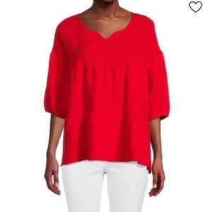 PATRIZIA LUCA Split Neck Long Sleeve Gauze Top In Red